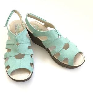 SKECHERS Platform Wedge Sandal Suede Parallel Stylin Green Size 8.5